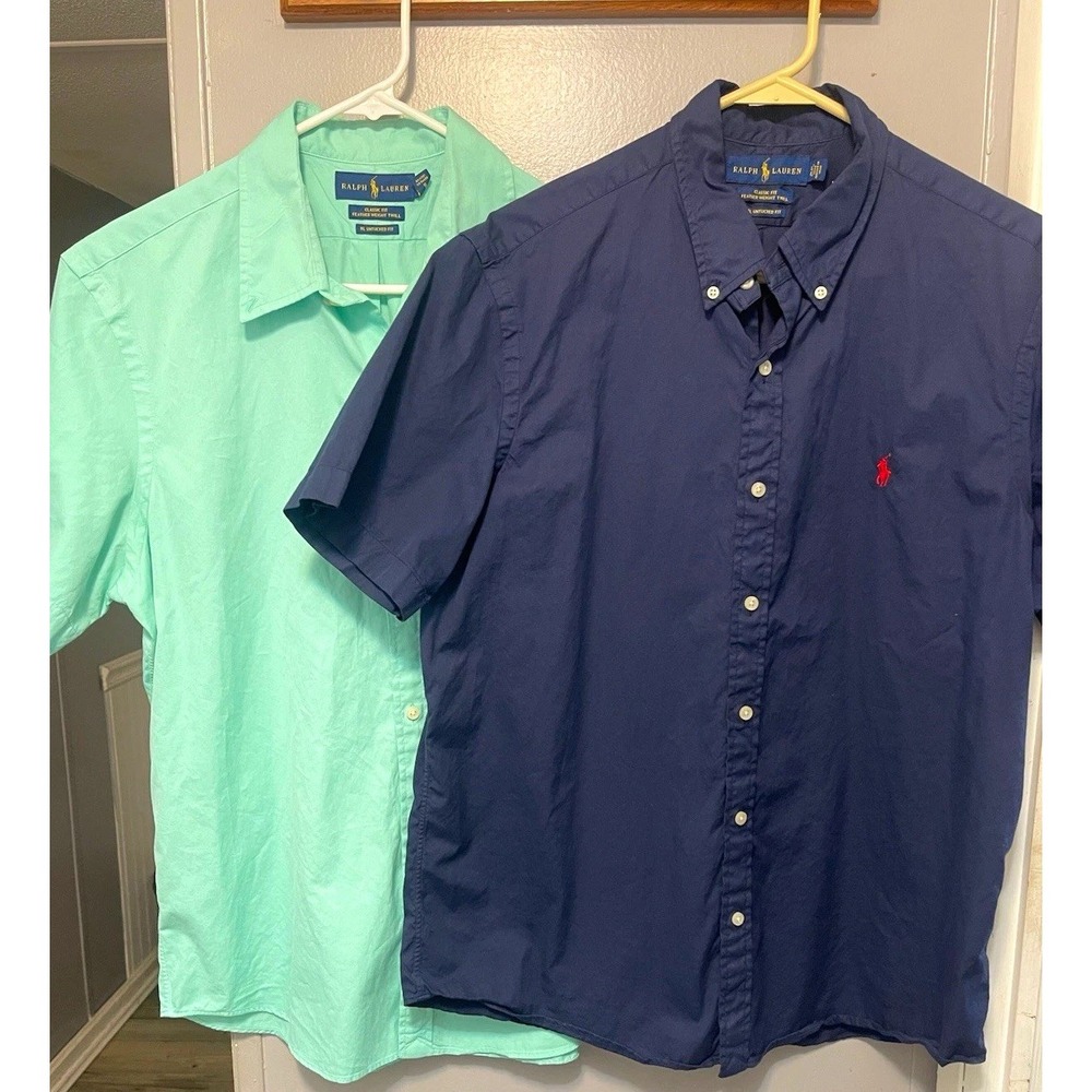 Ralph Lauren Lot 2 untucked Fit Twill Short Sleeve Button-Down navy/green large
